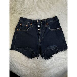 Levi's Women's High Rise Shorts Distressed Dark Indigo Raw Hem Size 24